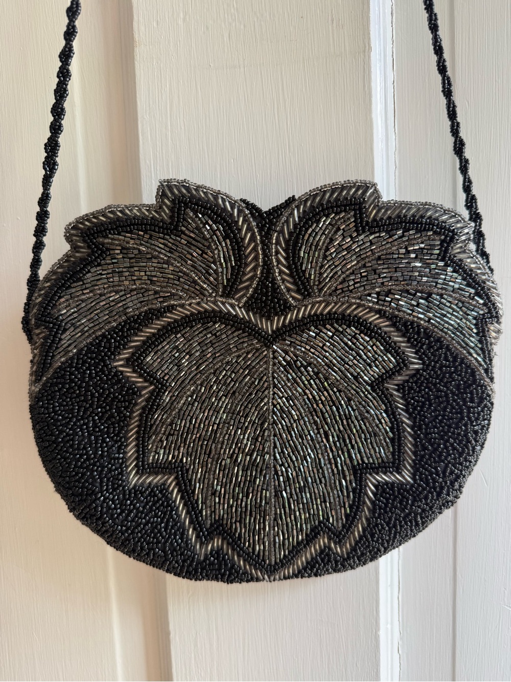 Vintage Black and Silver Beaded Floral Crossbody Bag